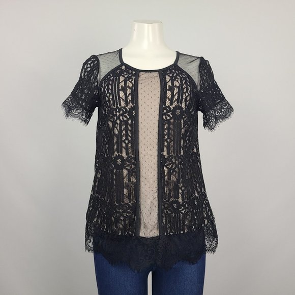 DEX Nude Black Lace Short Sleeve Top Size M - Picture 1 of 14